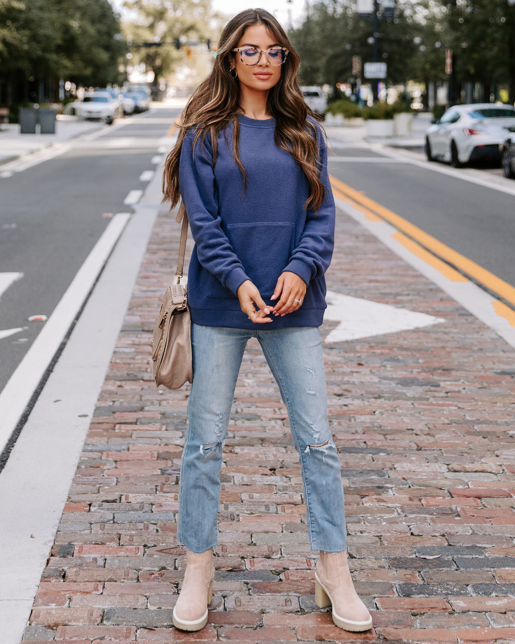 Beach Bonfires Fleece Pocketed Pullover Sweater - Navy - SALE