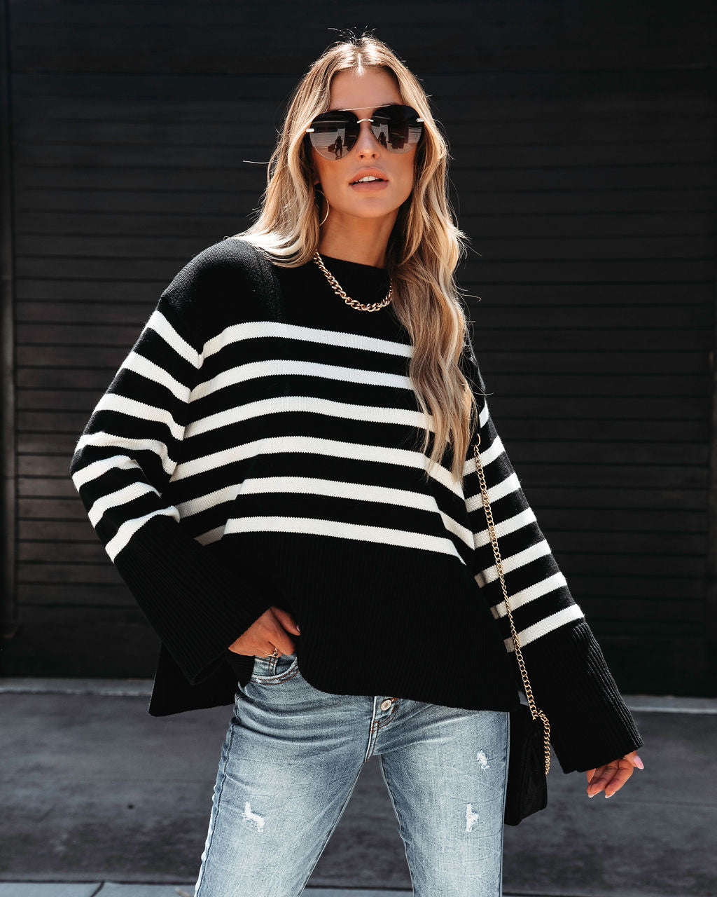 Hamptons Striped Oversized Pullover Sweater - Black