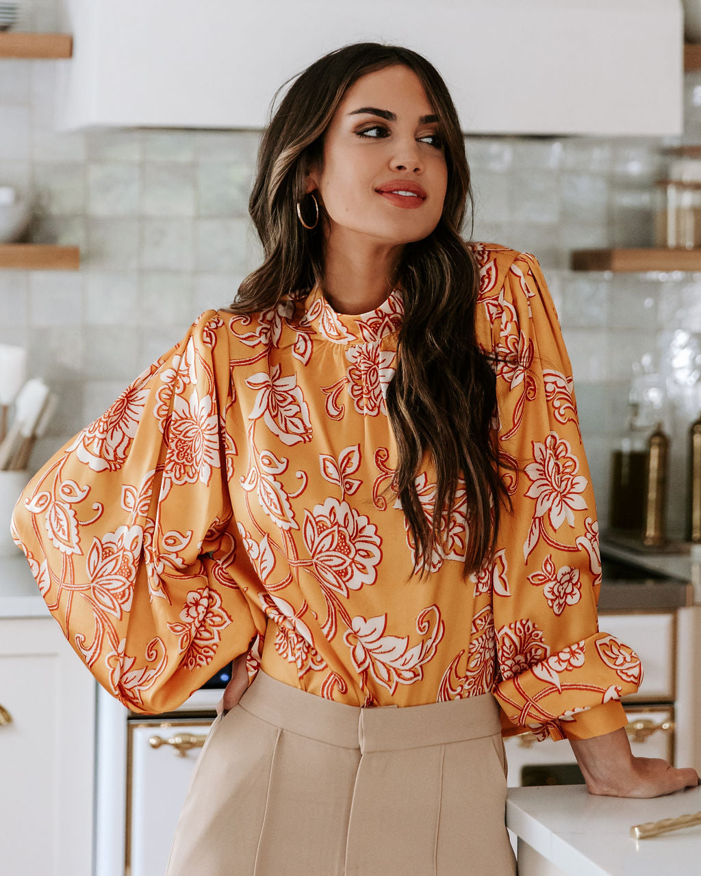 Golden November Floral Padded Shoulder Top - Mustard