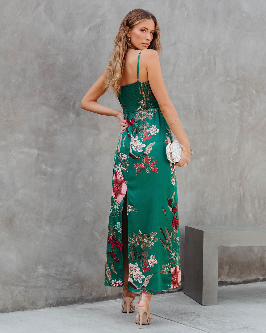 Ramona Satin Floral Maxi Dress - Green