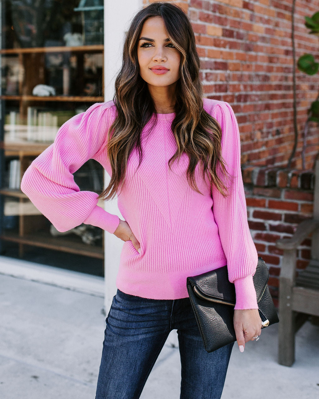 Bubble Over Ribbed Knit Sweater - Pink