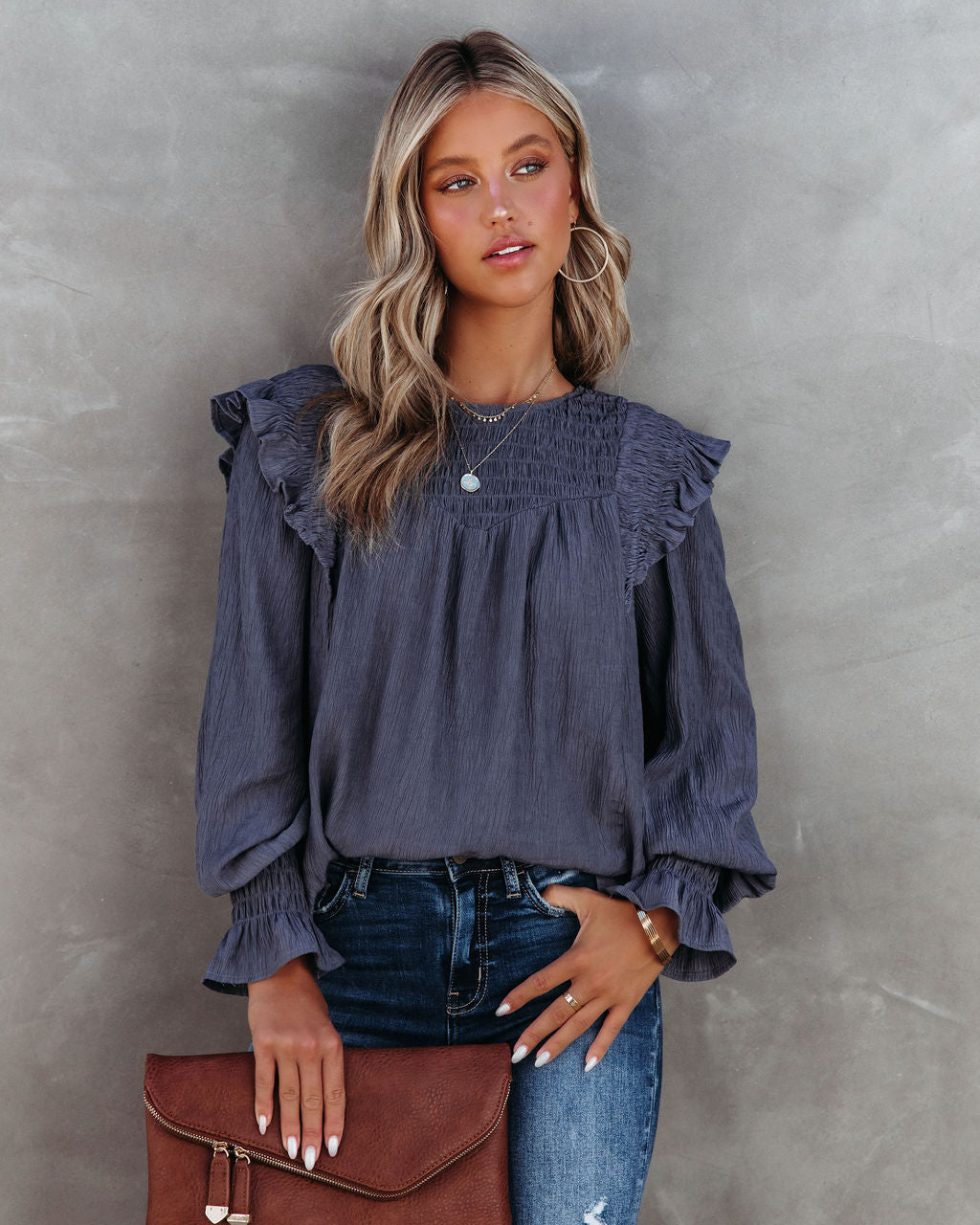 Justina Crinkle Ruffle Shoulder Top - Charcoal