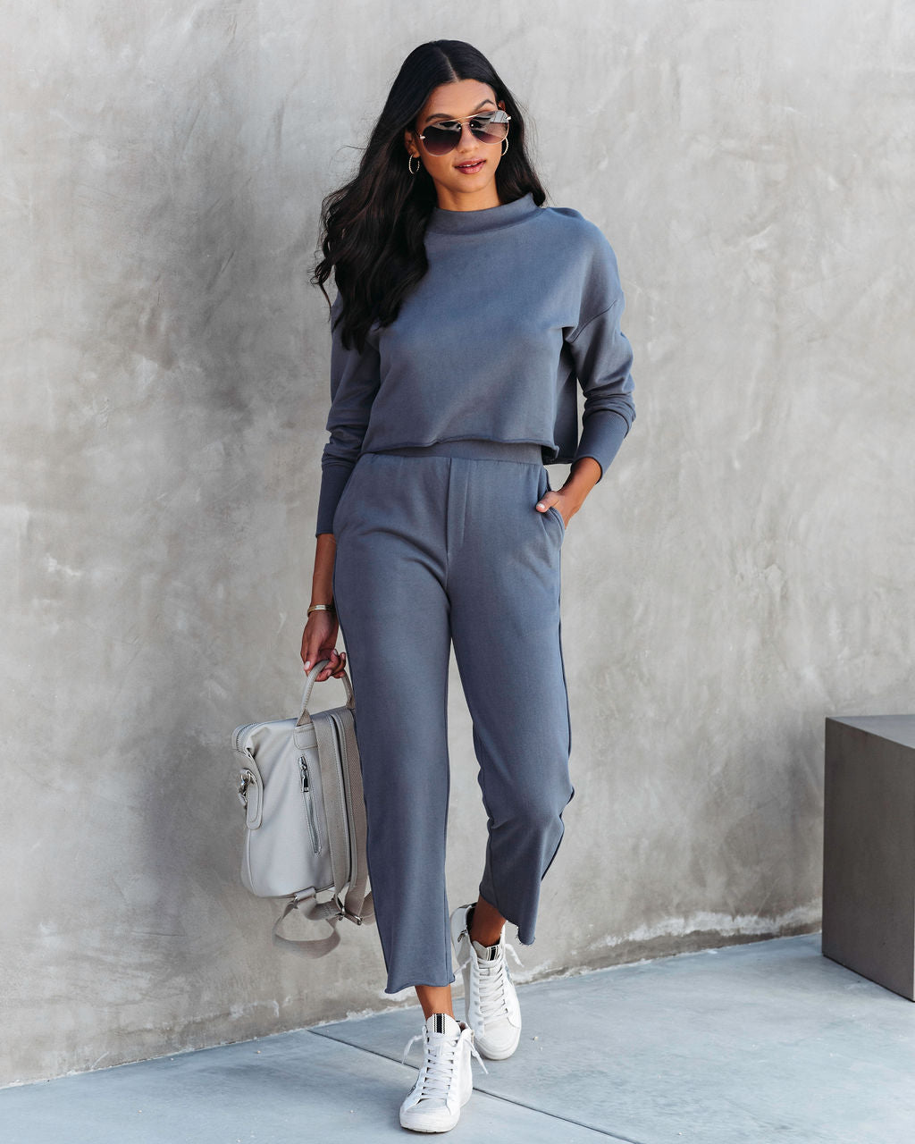 Airport Glam Cotton Mock Neck Long Sleeve Top - Grey Blue