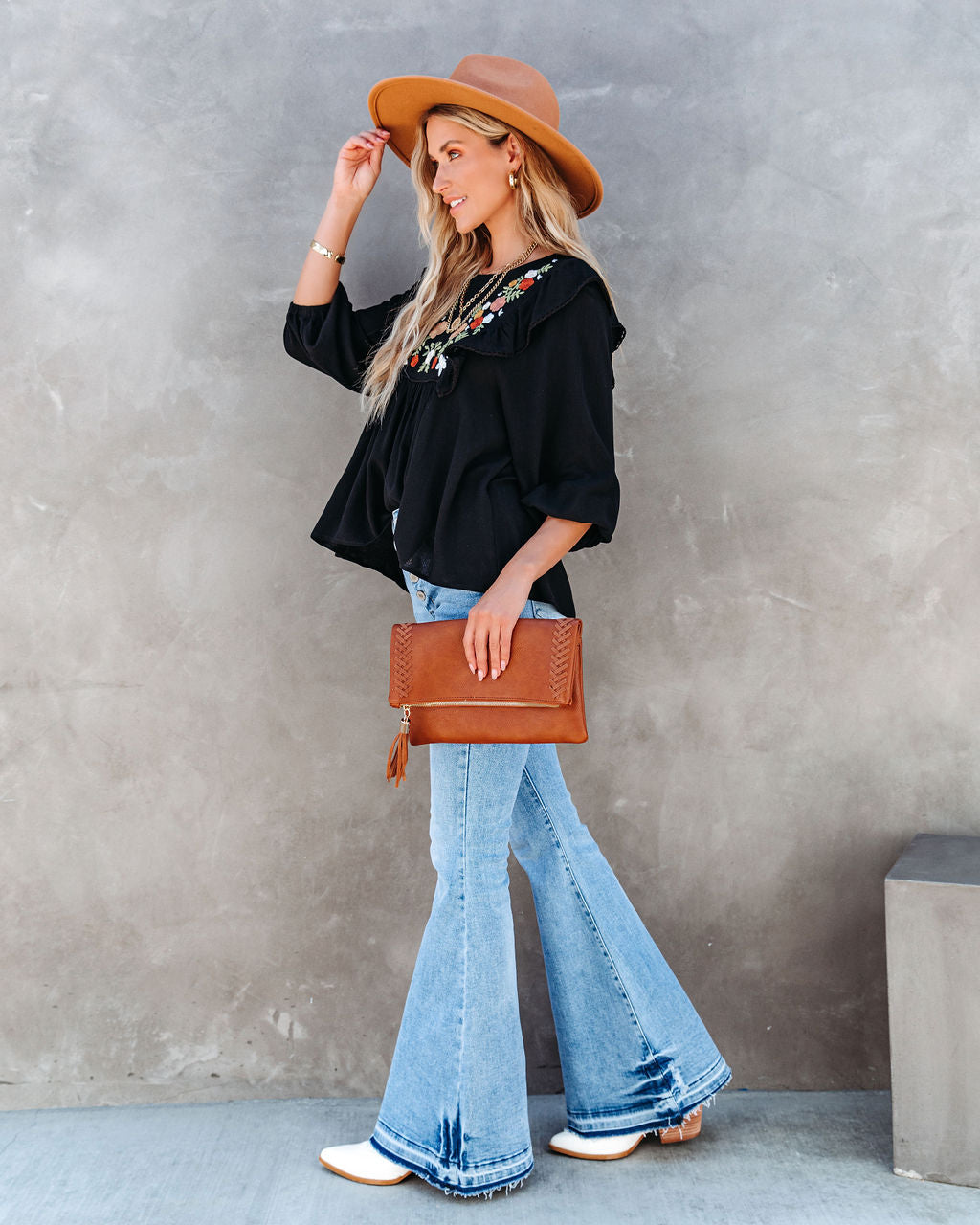 Bohemian Fall Floral Embroidered Babydoll Top - Black - SALE