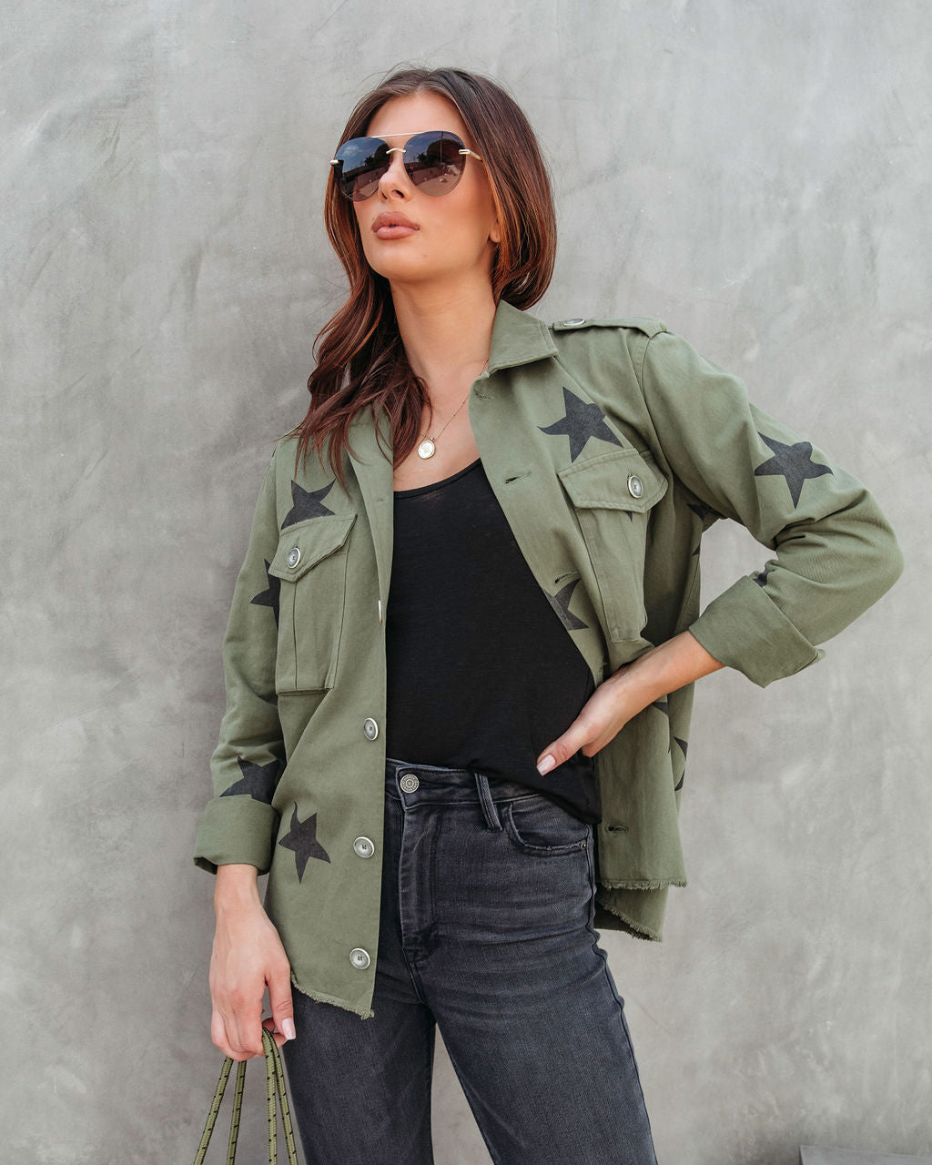 All Aligned Frayed Star Jacket - Olive