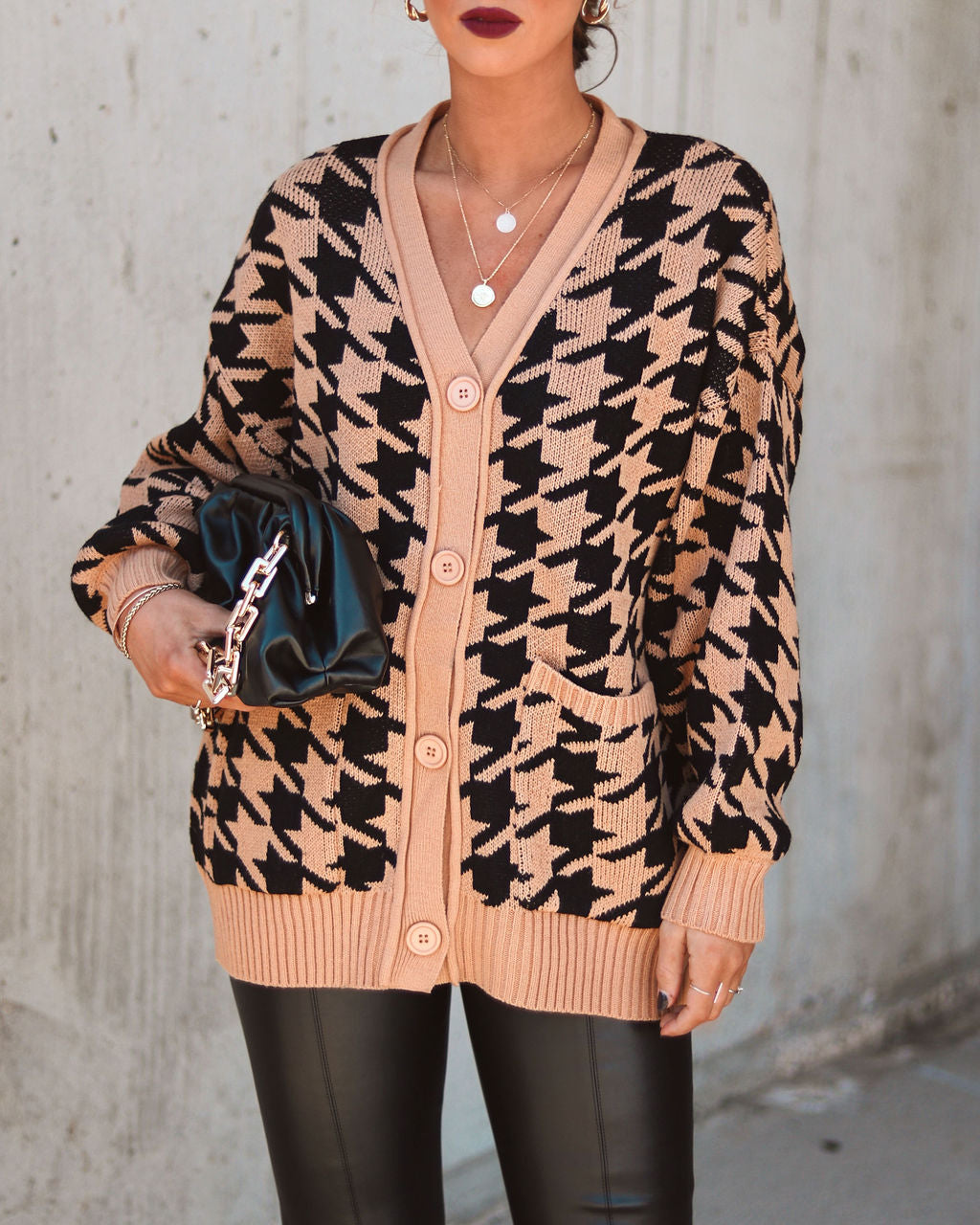 Parisian City Dreams Pocketed Houndstooth Cardigan