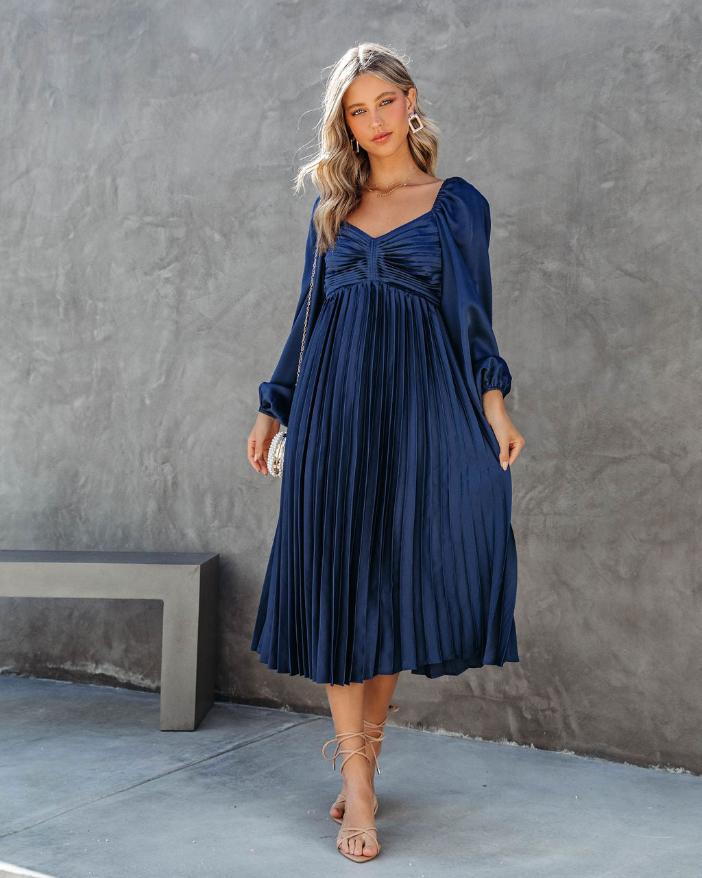 Romantic One Satin Pleated Midi Dress - Navy
