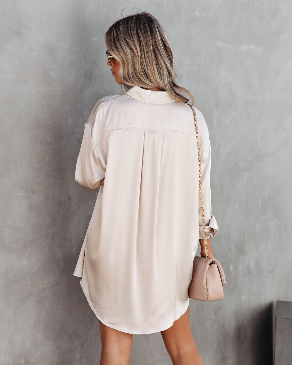 Cheers To Us Satin Button Down Shirt Dress - Champagne