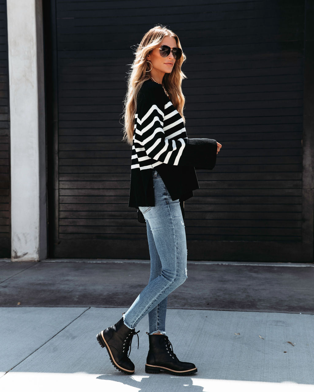 Hamptons Striped Oversized Pullover Sweater - Black