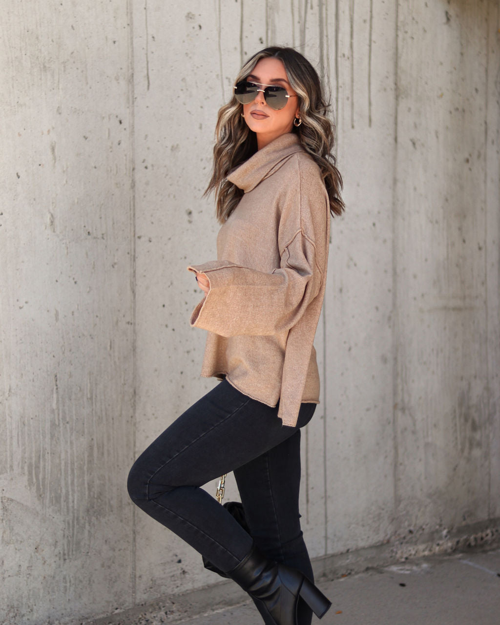 Unfinished Biz Knit Turtleneck Pullover Sweater - Latte