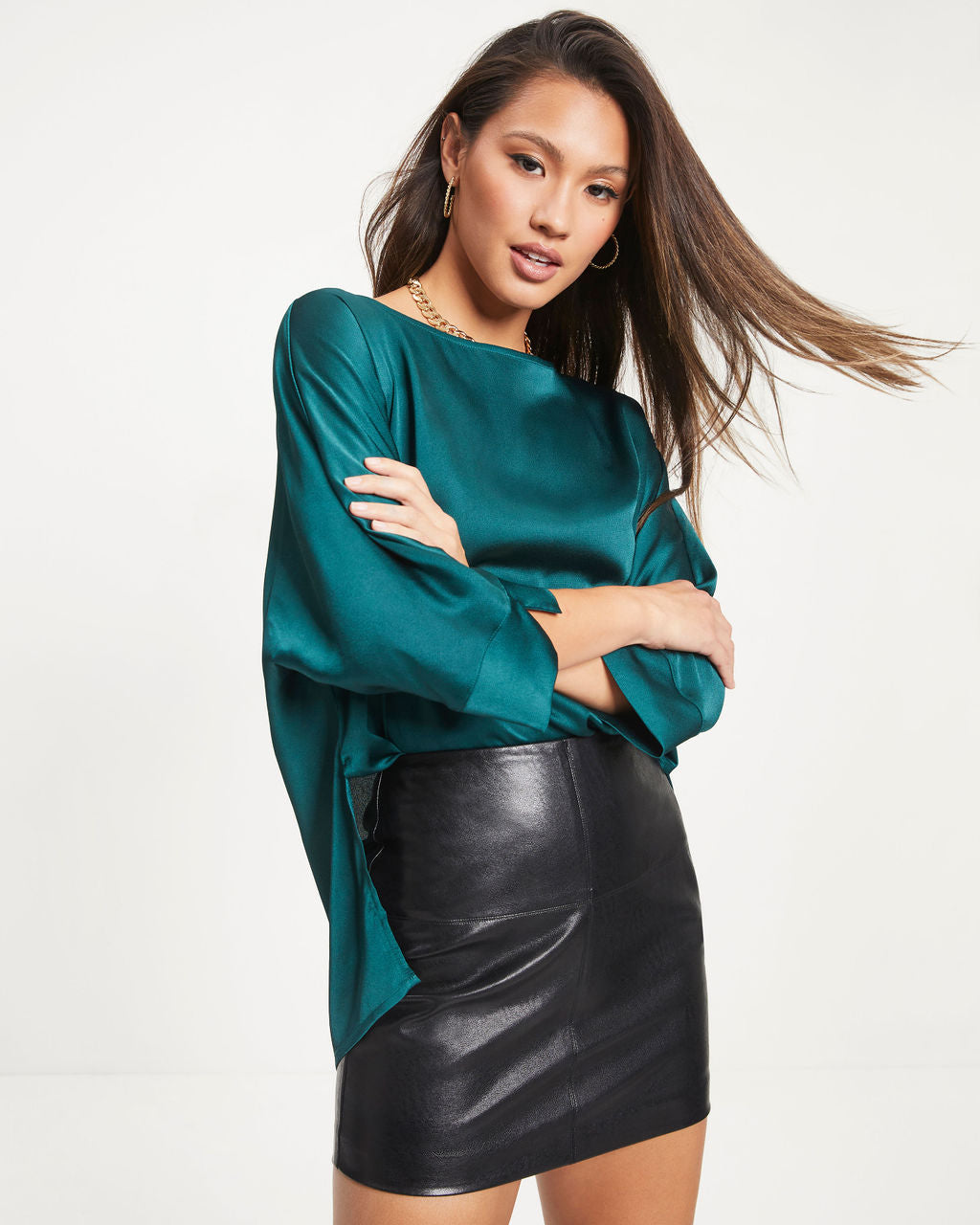 Julie Satin Side Slit Top - Forest Green