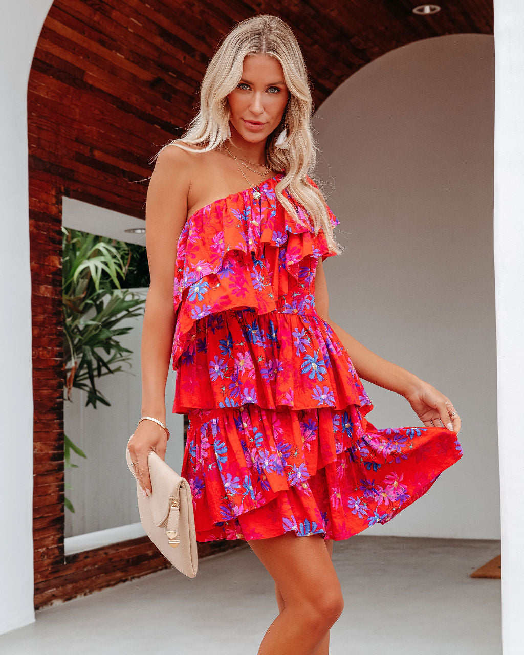 Vallis One Shoulder Floral Cotton Blend Tiered Mini Dress - FINAL SALE