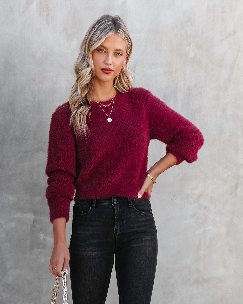 Apple Of My Eye Fuzzy Knit Sweater - Burgundy