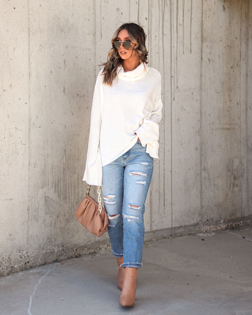 Unfinished Biz Knit Turtleneck Pullover Sweater - Cream