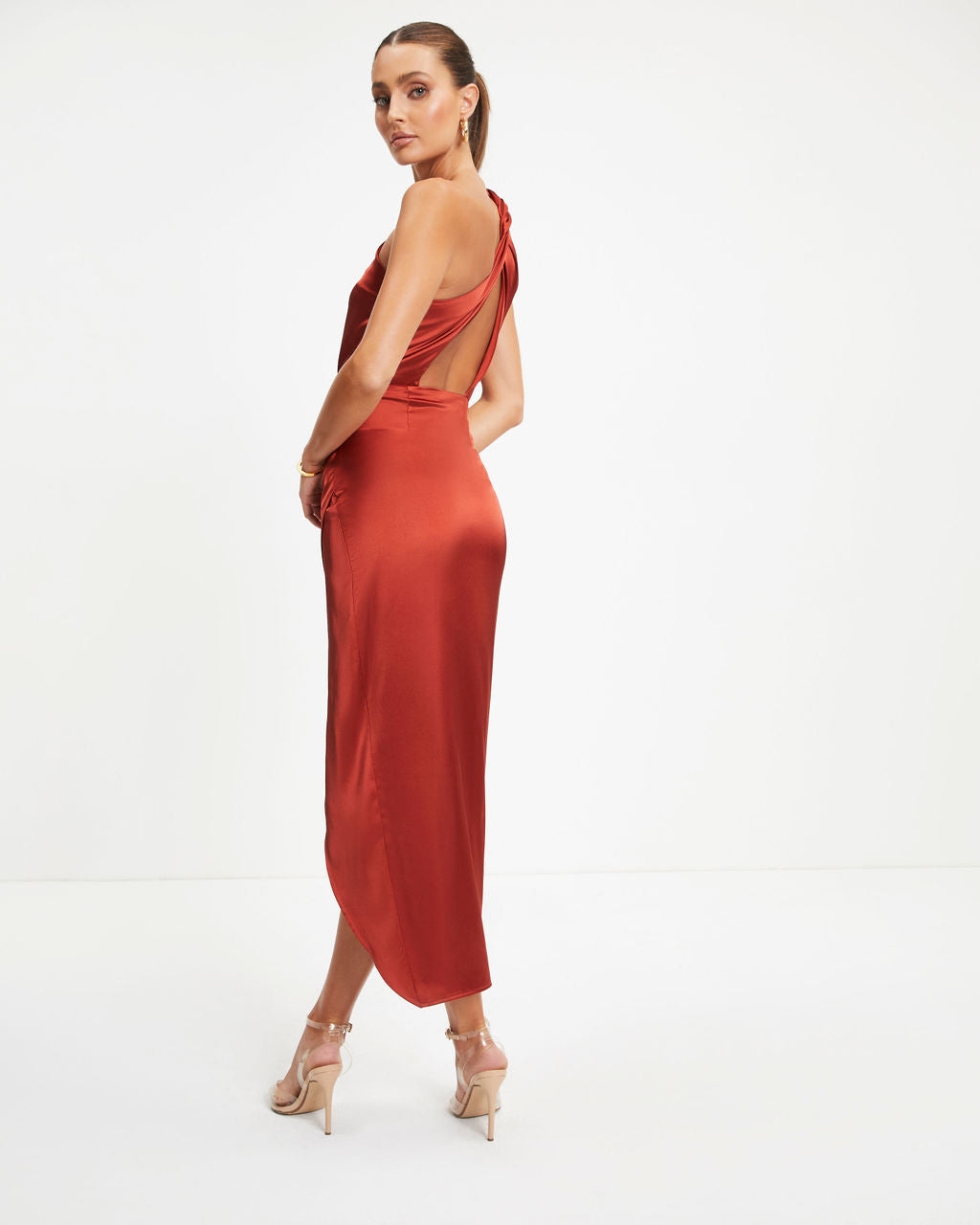 There Is Something Satin One Shoulder Midi Dress - Rust