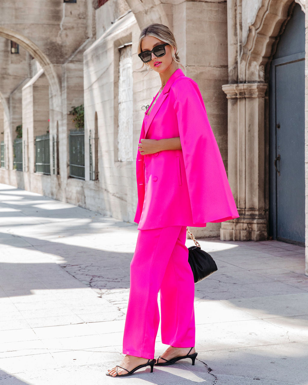 Statement Maker Satin Cape Pocketed Blazer - Hot Pink