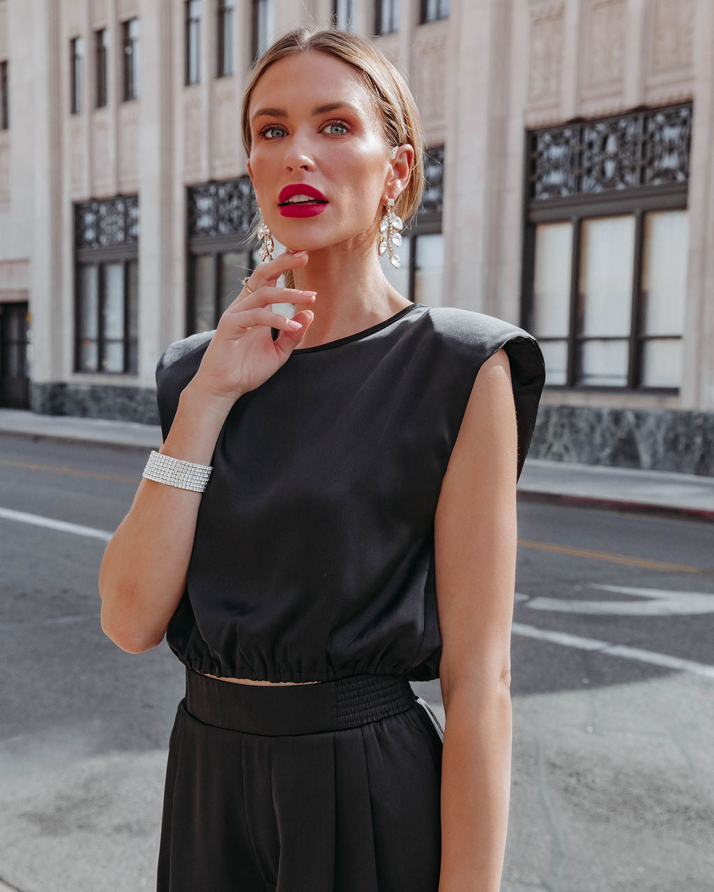 Hartford Satin Padded Shoulder Crop Top - Black