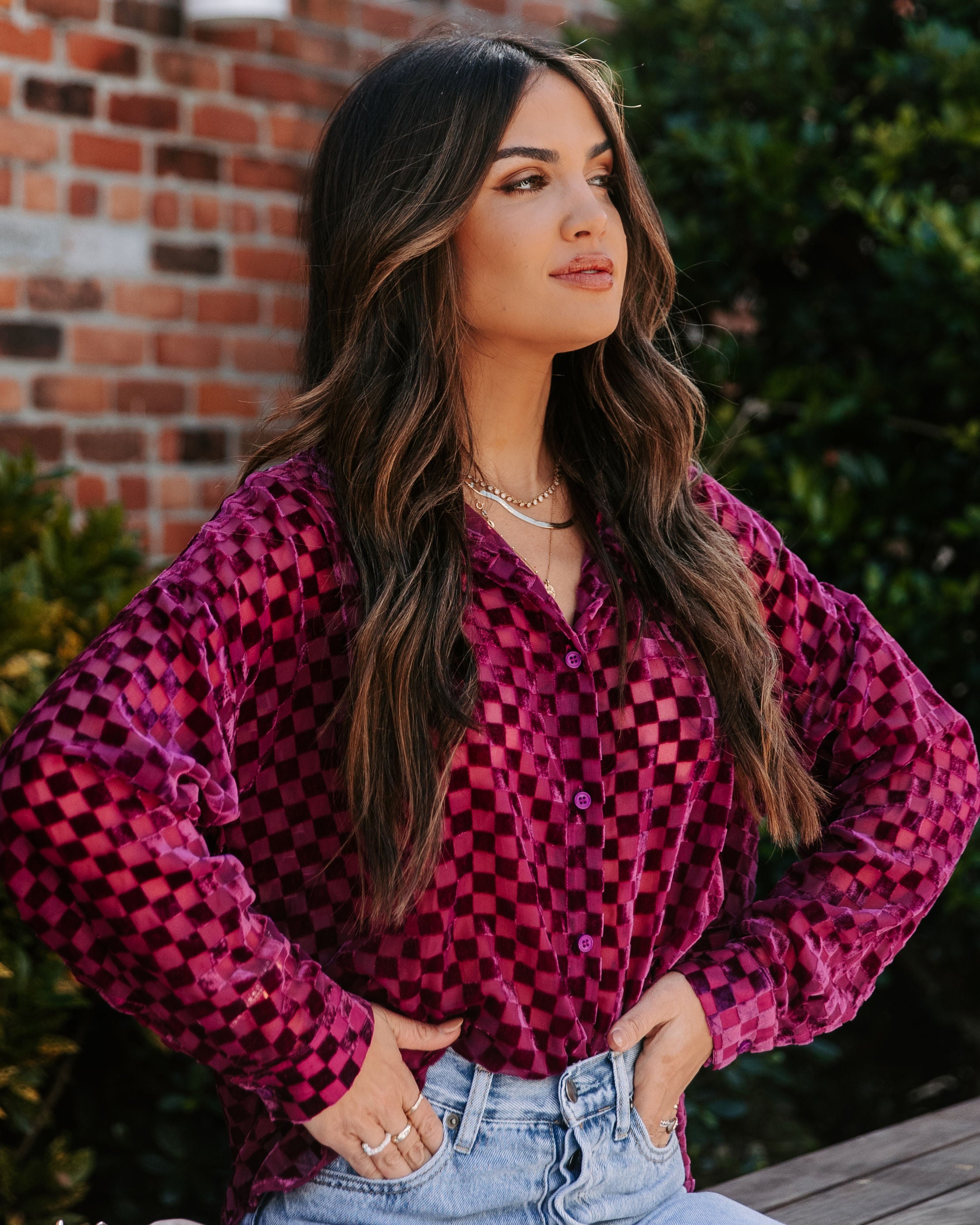 Check You Out Burnout Velvet Button Down Top - Fuchsia