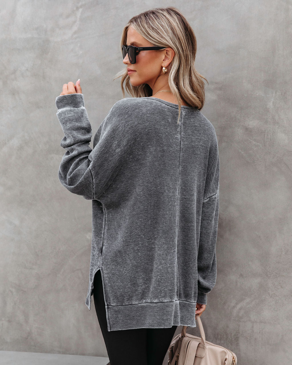 Tahoe Bound Waffle Knit Long Sleeve Top - Charcoal