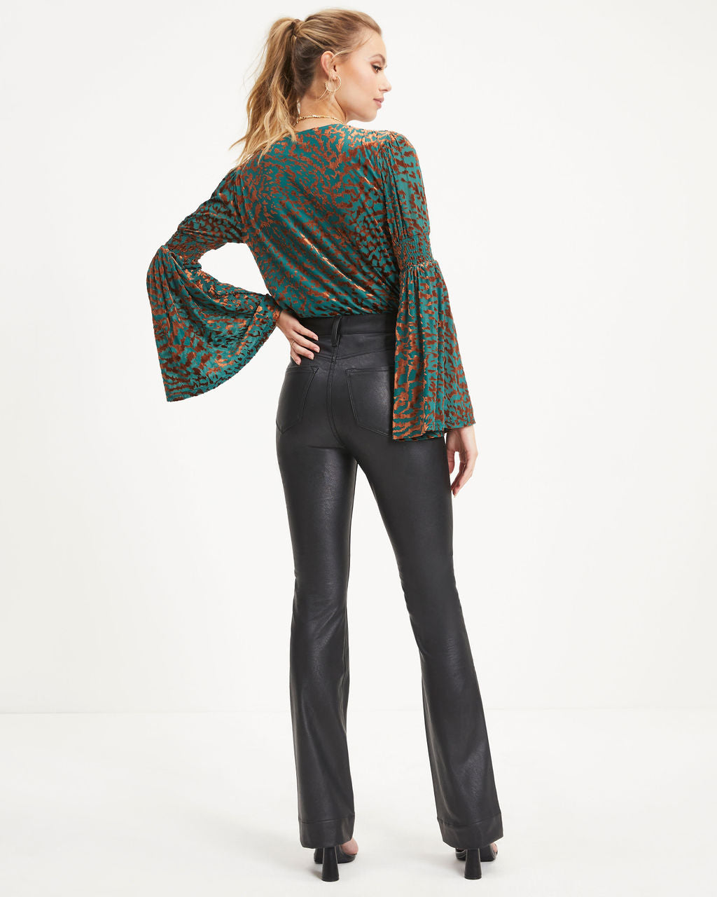Annalisa Velvet Burnout Bell Sleeve Top - Green