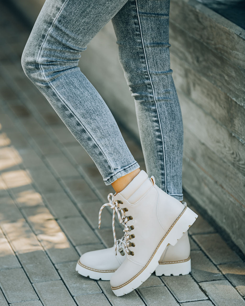 Kinsley Faux Leather Lace Up Boot - Beige