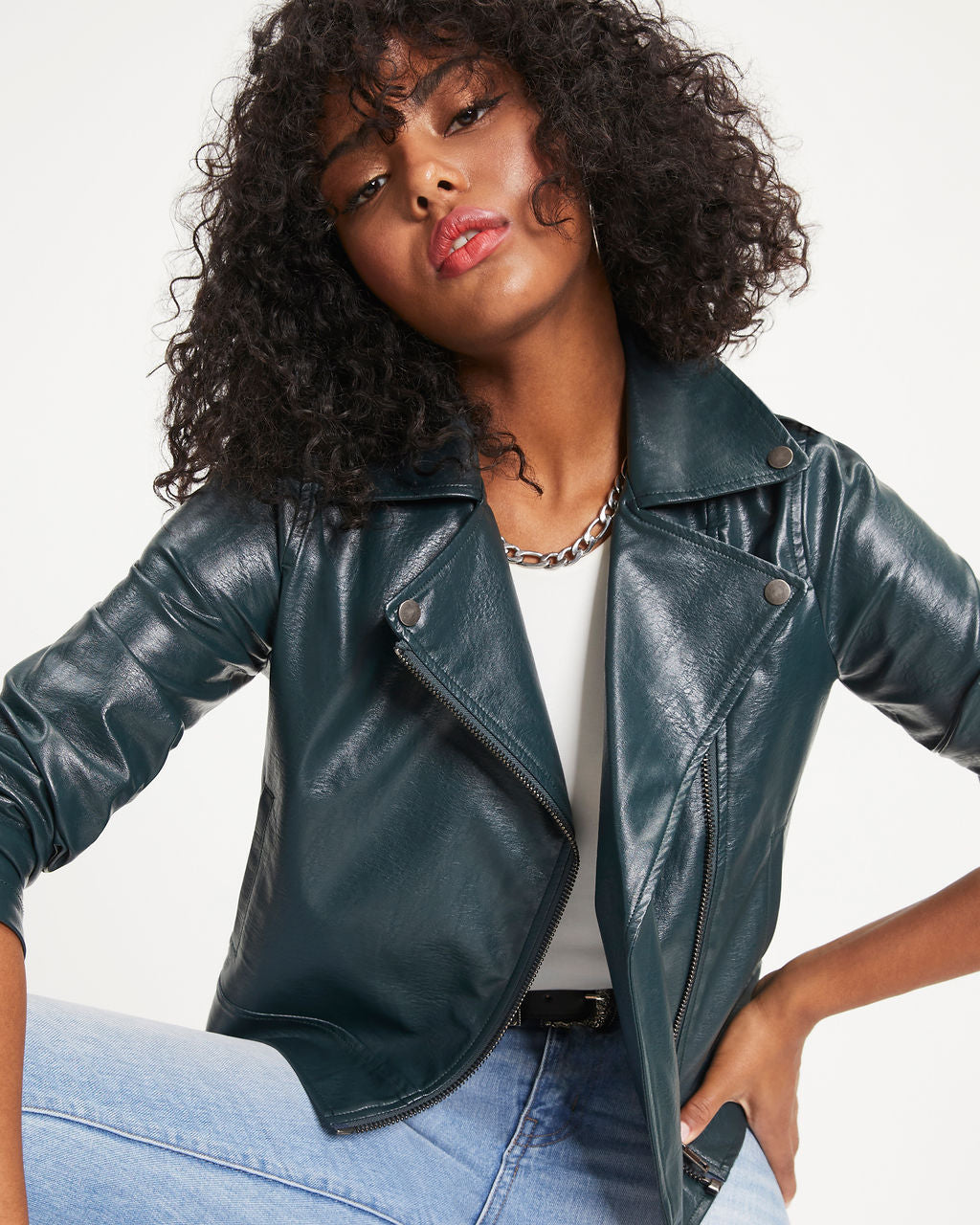 Jingle Bell Rock Pocketed Faux Leather Biker Jacket - Pine