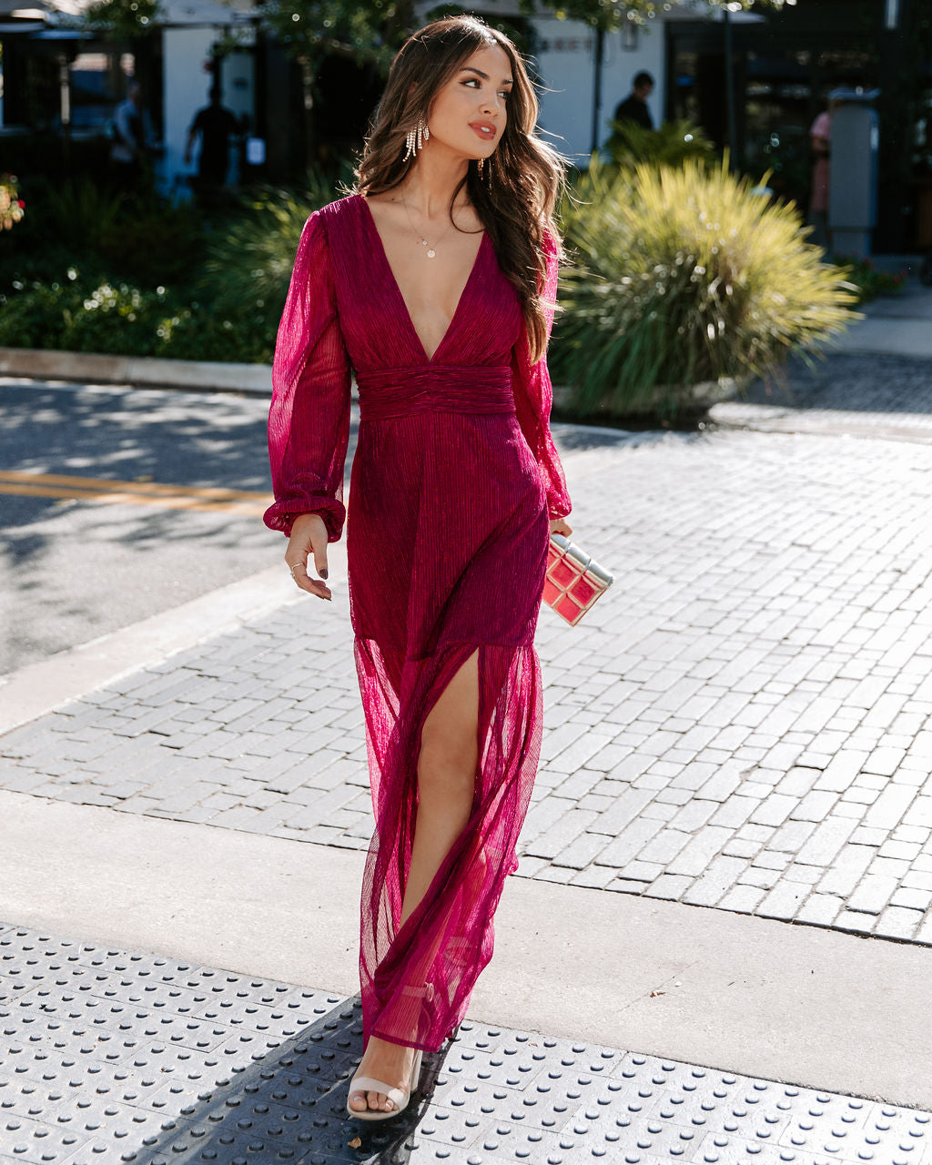 Loretta Plisse Metallic Balloon Sleeve Maxi Dress - Berry