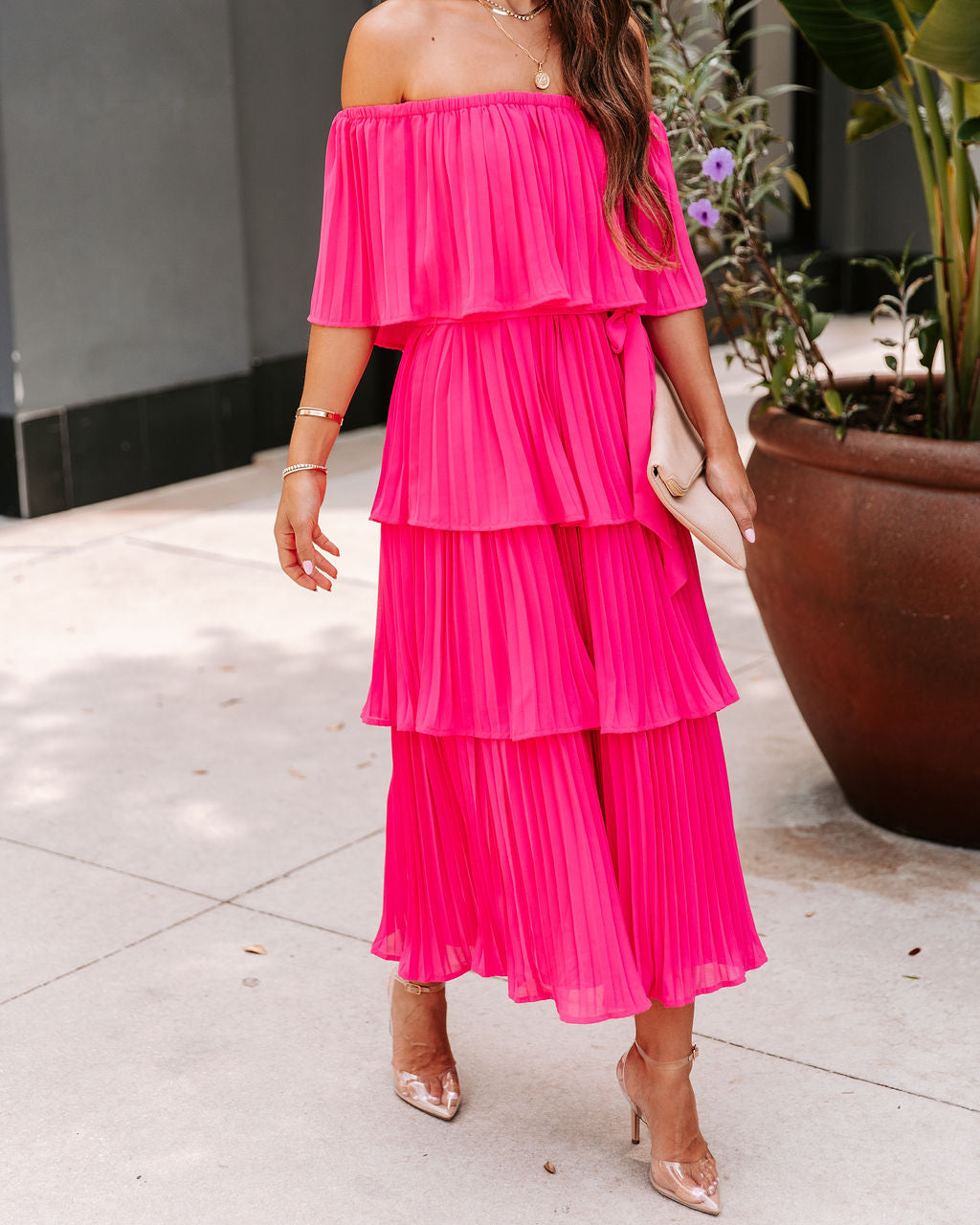 Simaria Pleated Tiered Midi Dress - Hot Pink - FINAL SALE