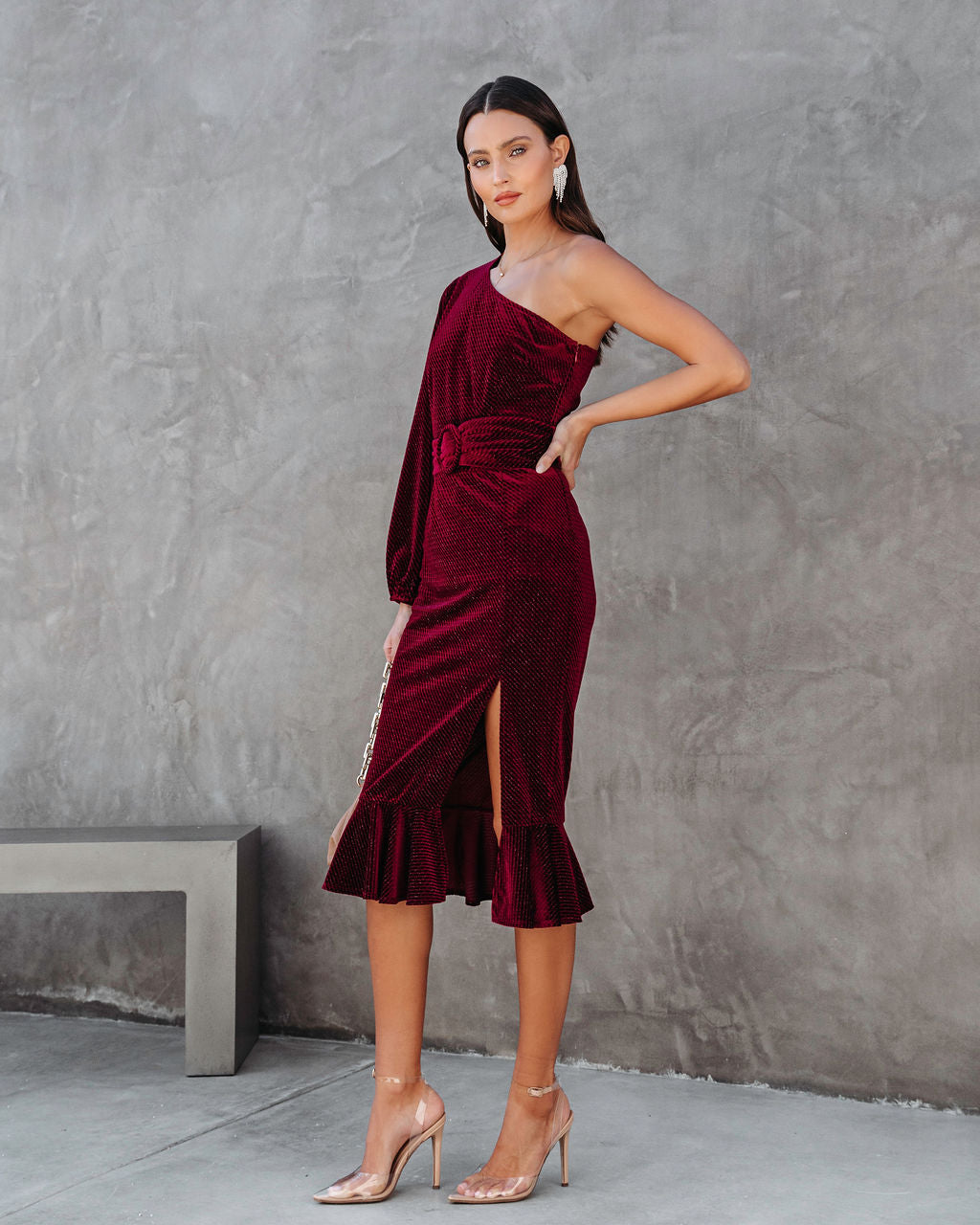 Honestly Breathtaking One Shoulder Belted Textured Velvet Midi Dress - Wine