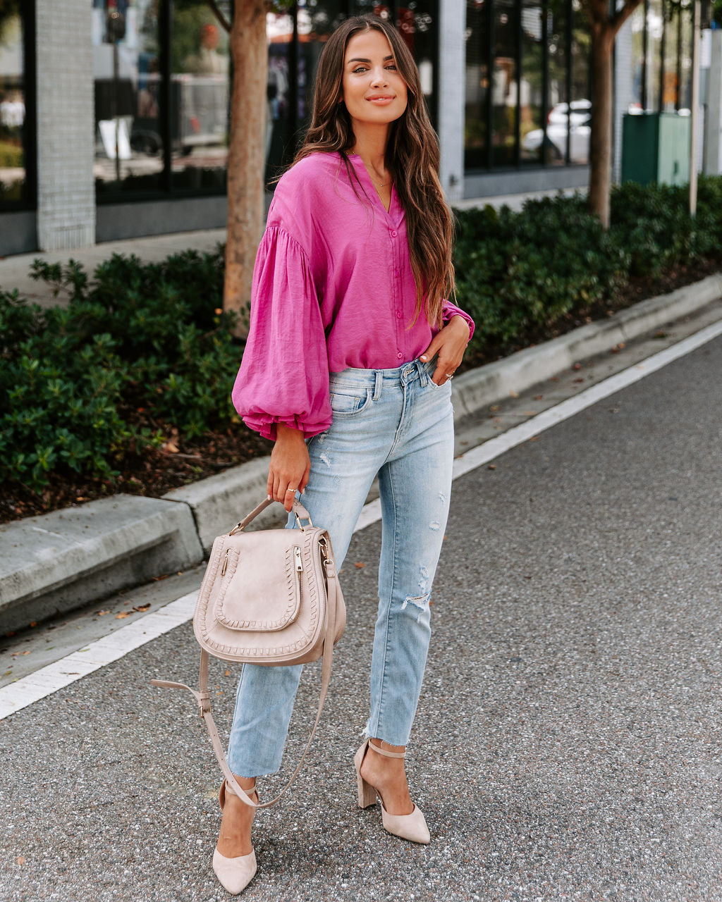 Asher Balloon Sleeve Button Down Top - Magenta - SALE