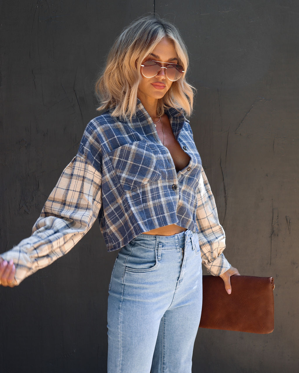 Missing Piece Plaid Colorblock Button Down Top