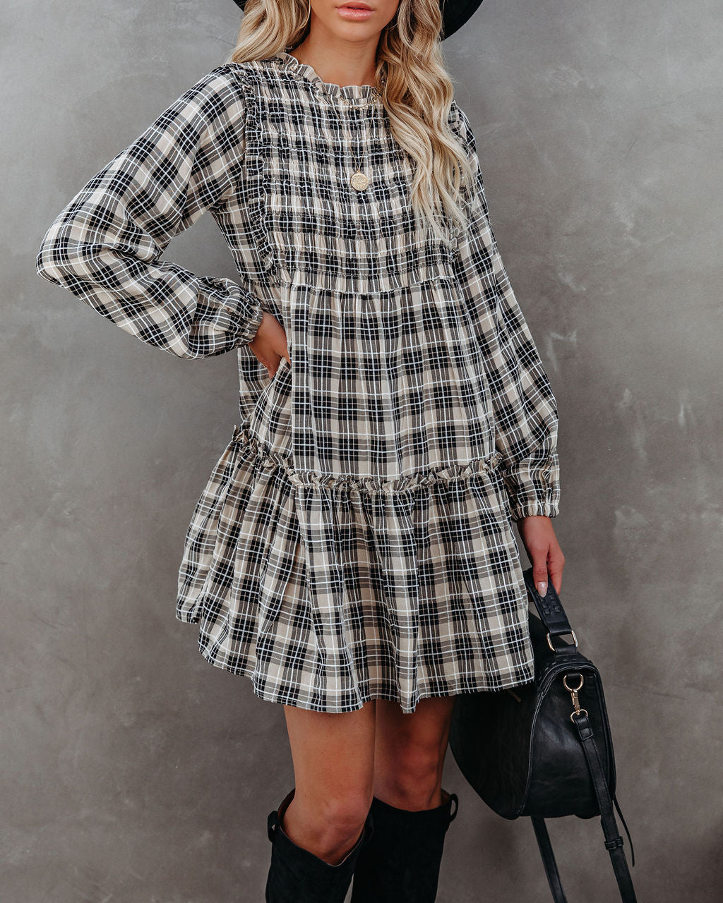 Urika Cotton Blend Plaid Babydoll Dress