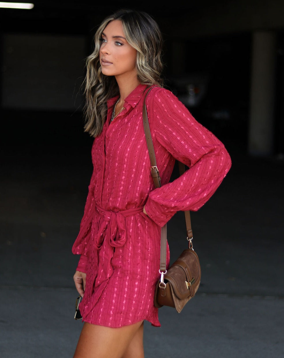 Twaine Textured Button Down Shirt Dress - Marsala