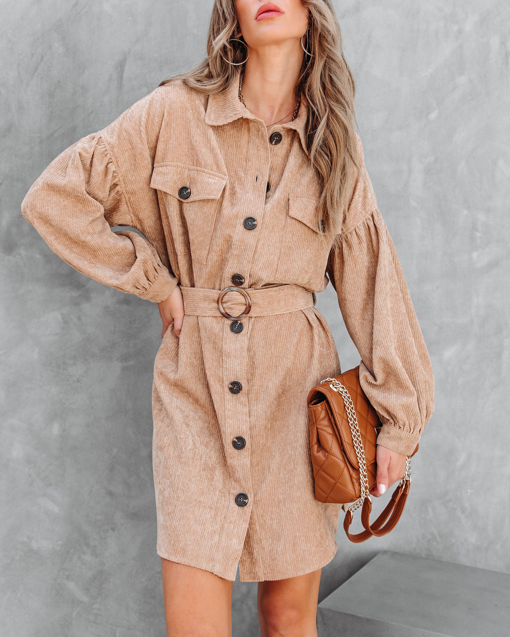 Glimpse Of Autumn Corduroy Belted Mini Dress - Camel
