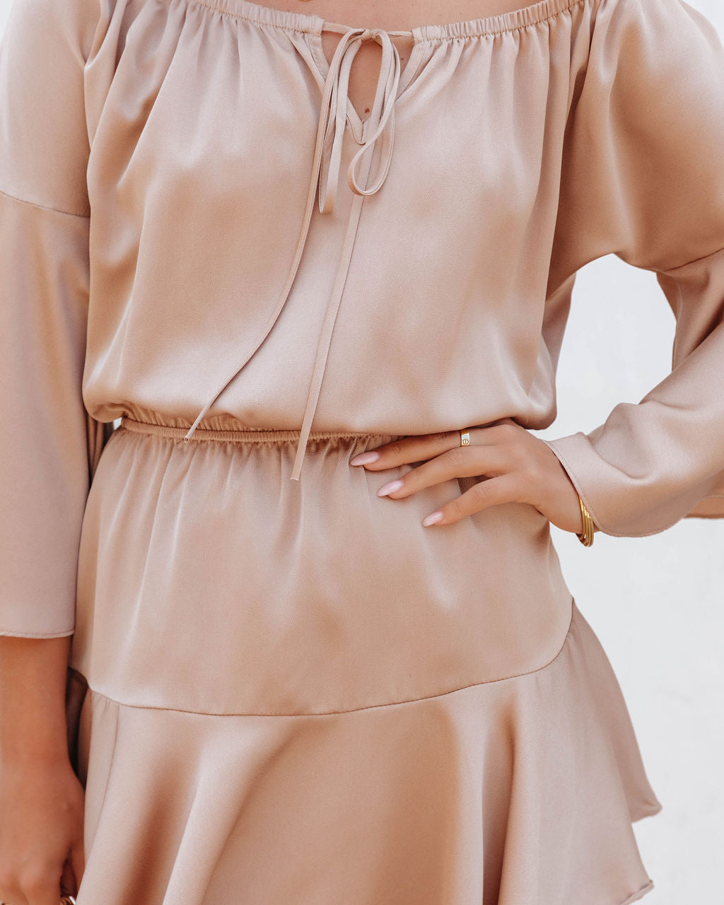 Stassy Satin Off The Shoulder Mini Dress - Champagne - FINAL SALE