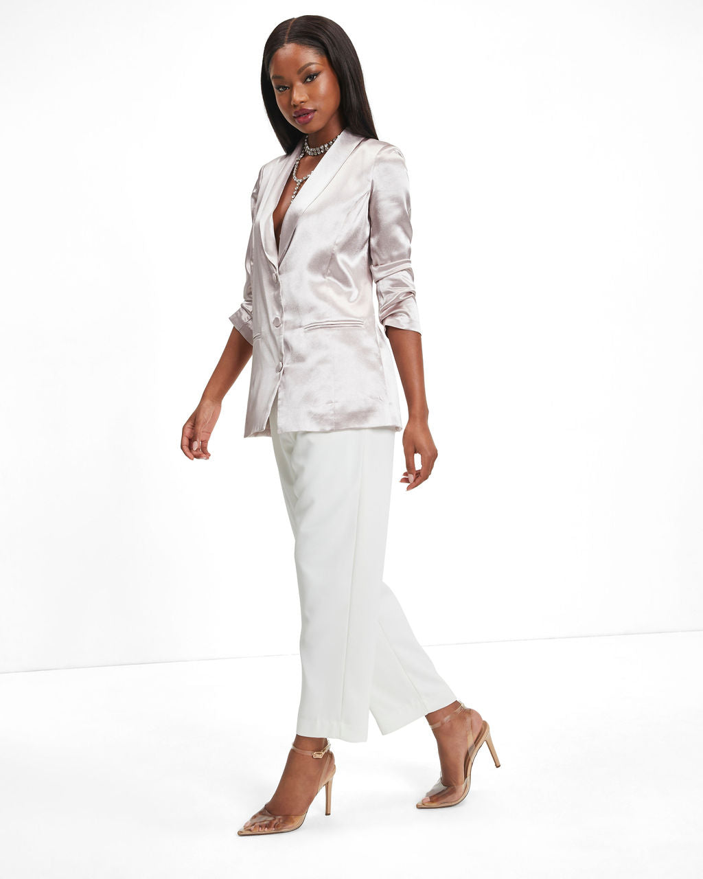 Perla Pocketed Satin Blazer - Champagne