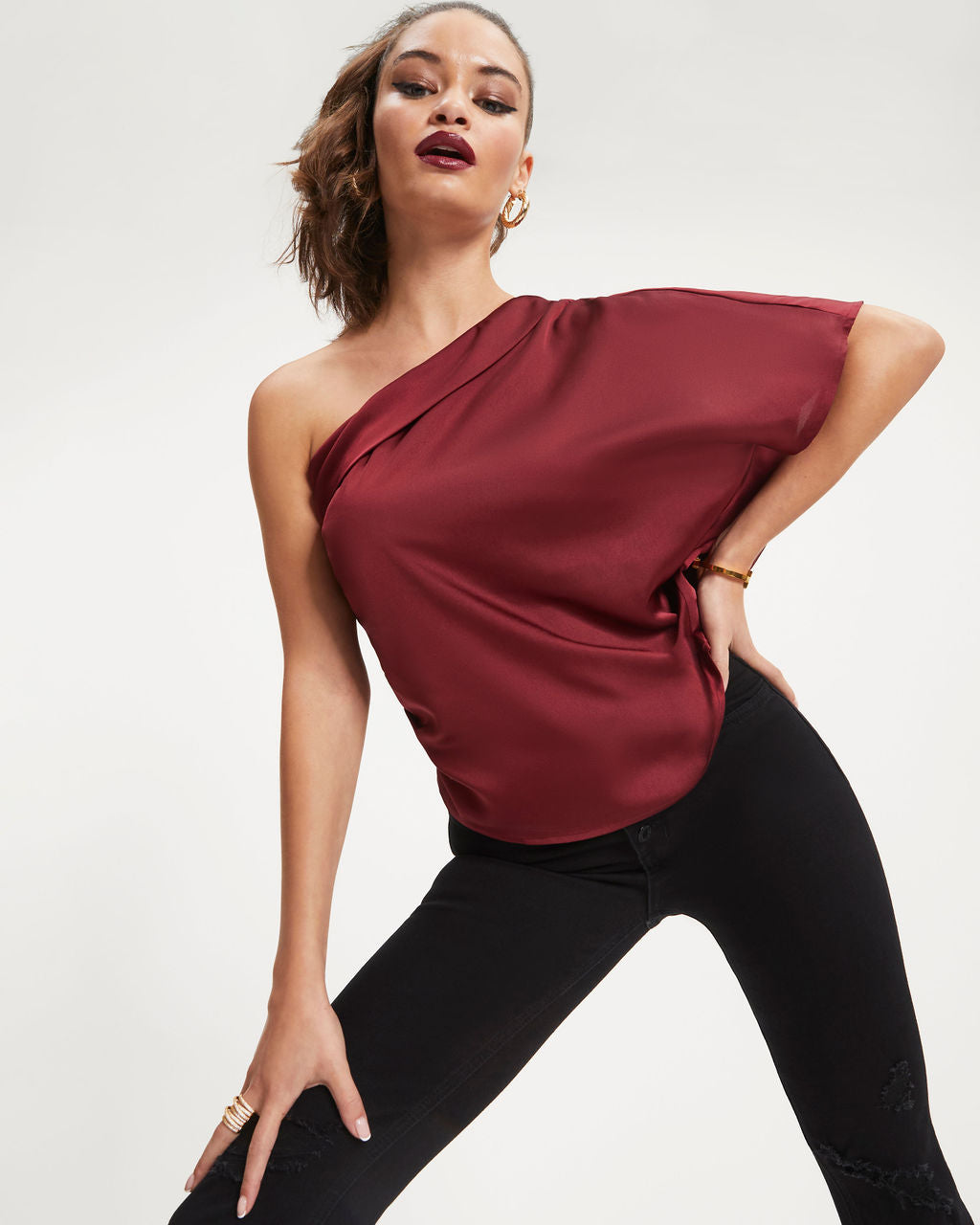 Sylvia Satin One Shoulder Top - Wine
