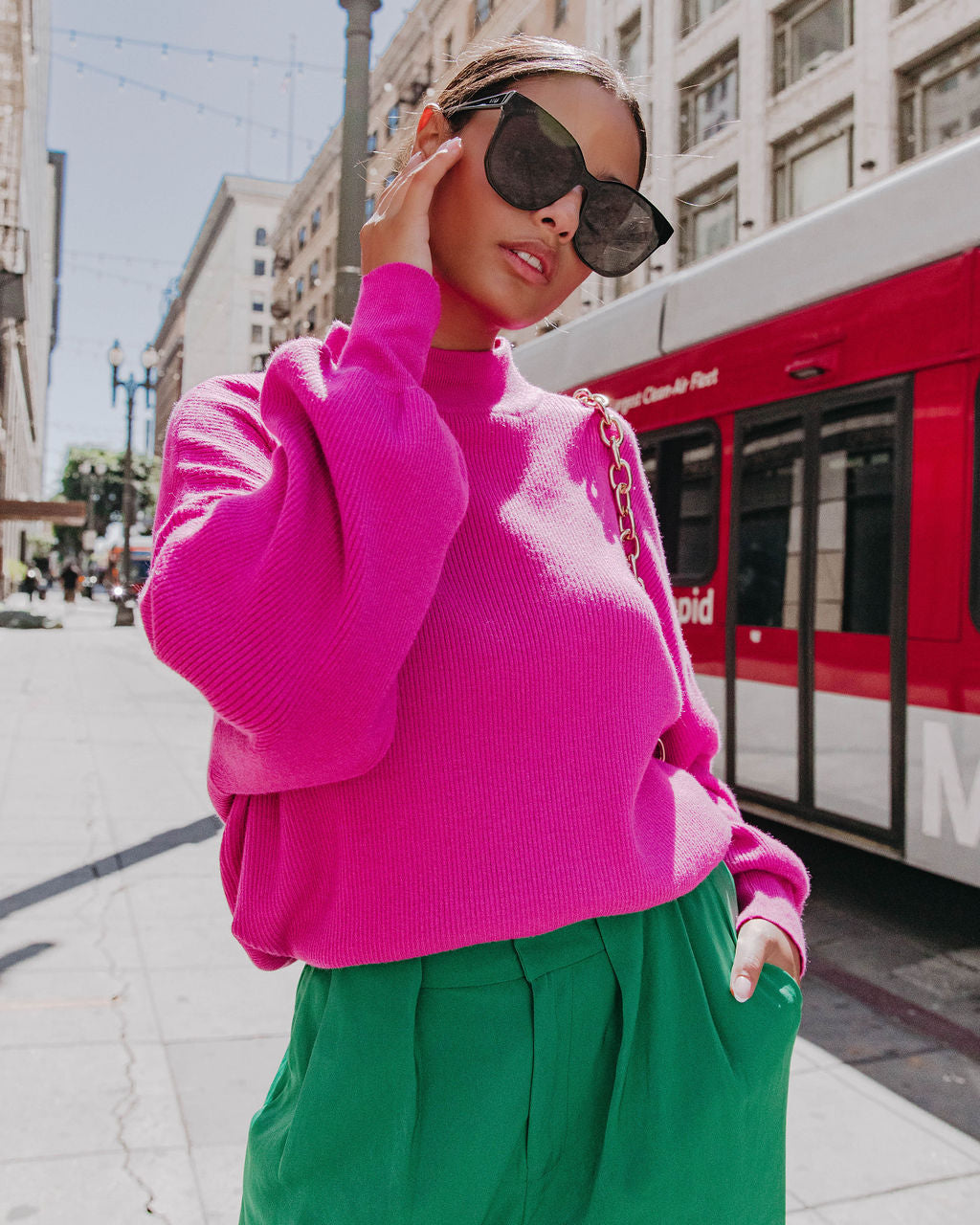 Russ Mock Neck Ribbed Sweater - Fuchsia
