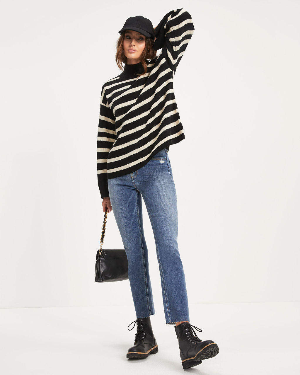 Torres Striped Mock Neck Knit Sweater - Black