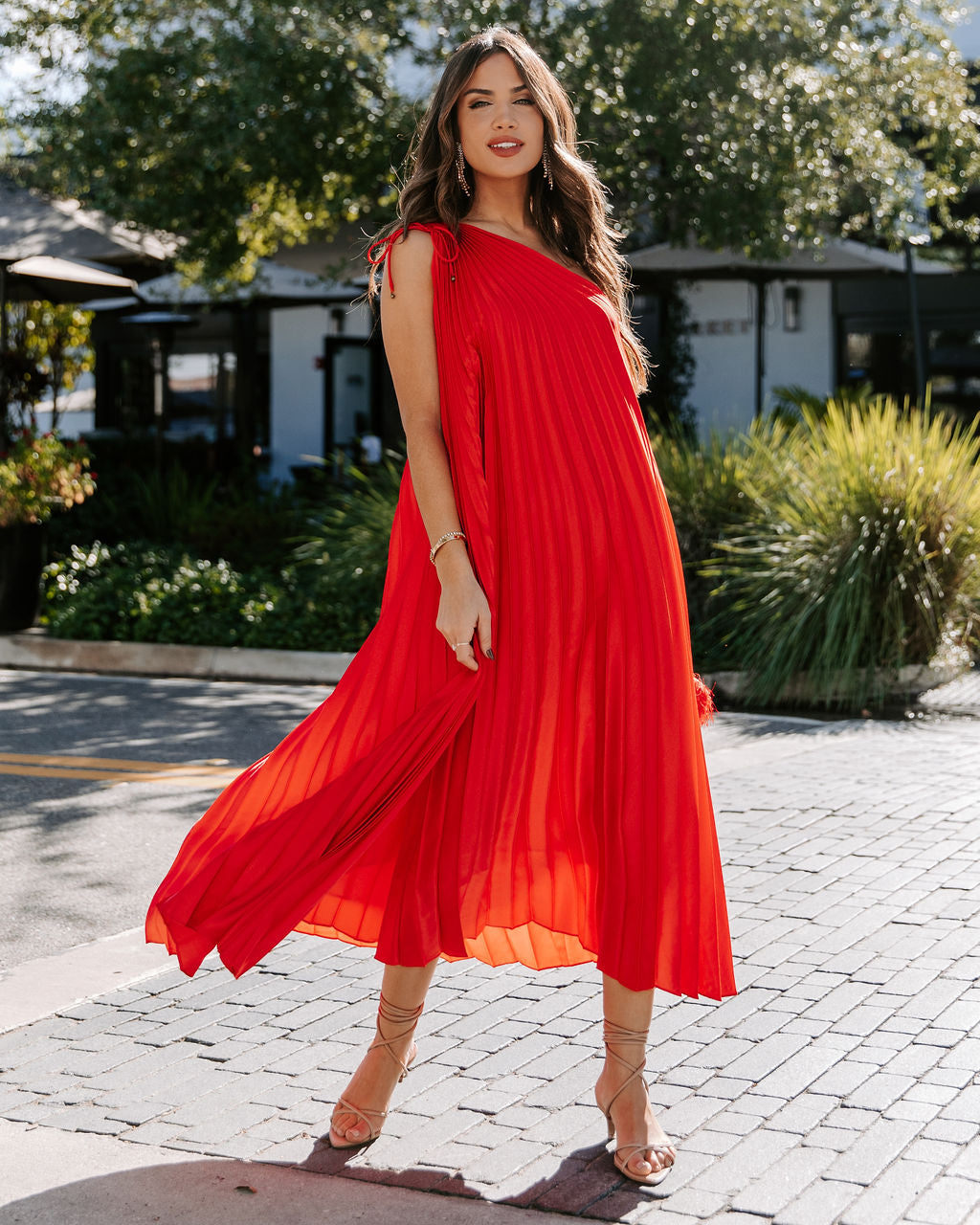 Melina Satin One Shoulder Pleated Midi Dress - Red