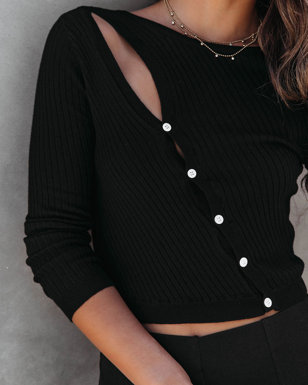 Look At Me Knit Cutout Long Sleeve Top - Black