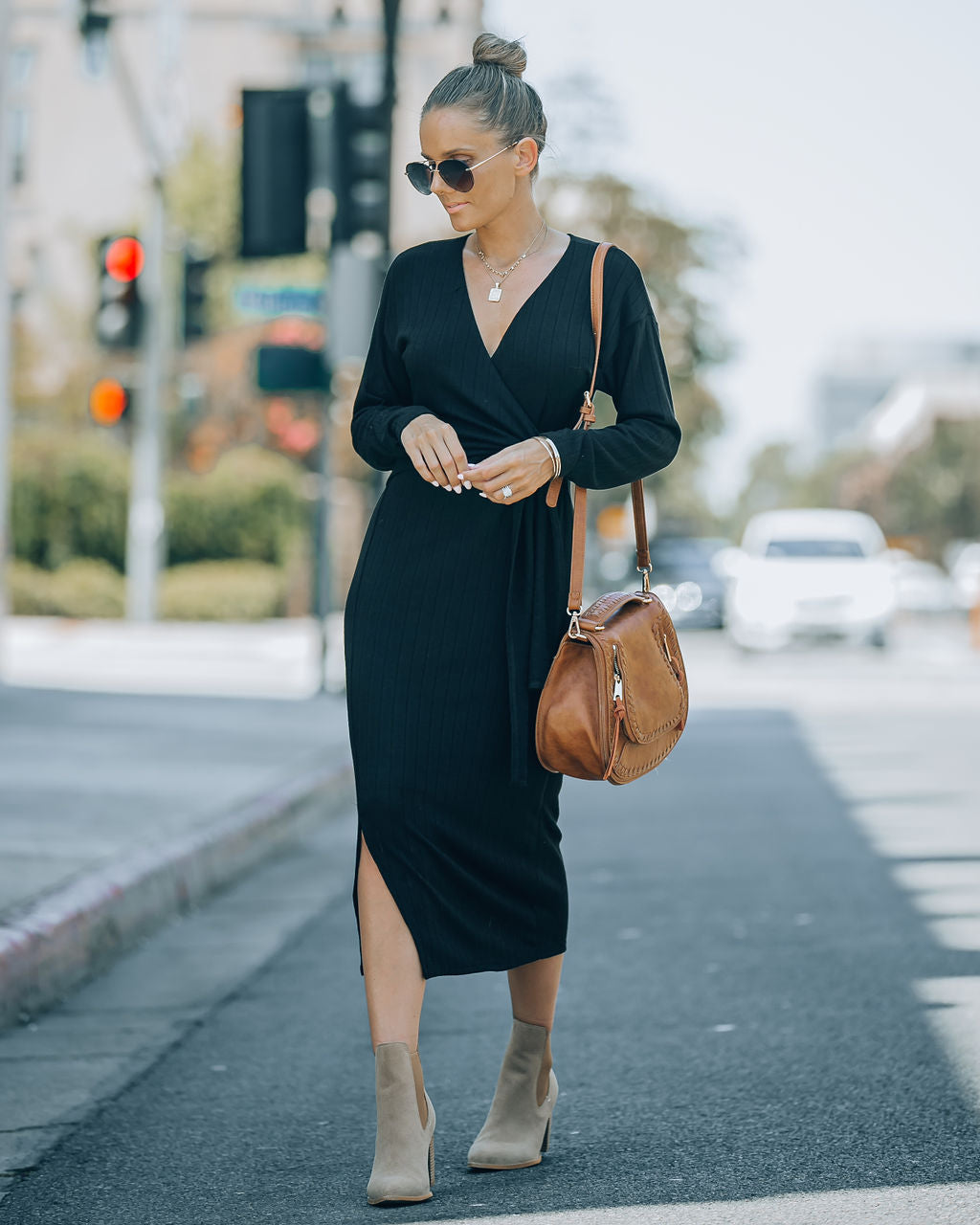 Dante Ribbed Knit Front Tie Midi Dress - Black