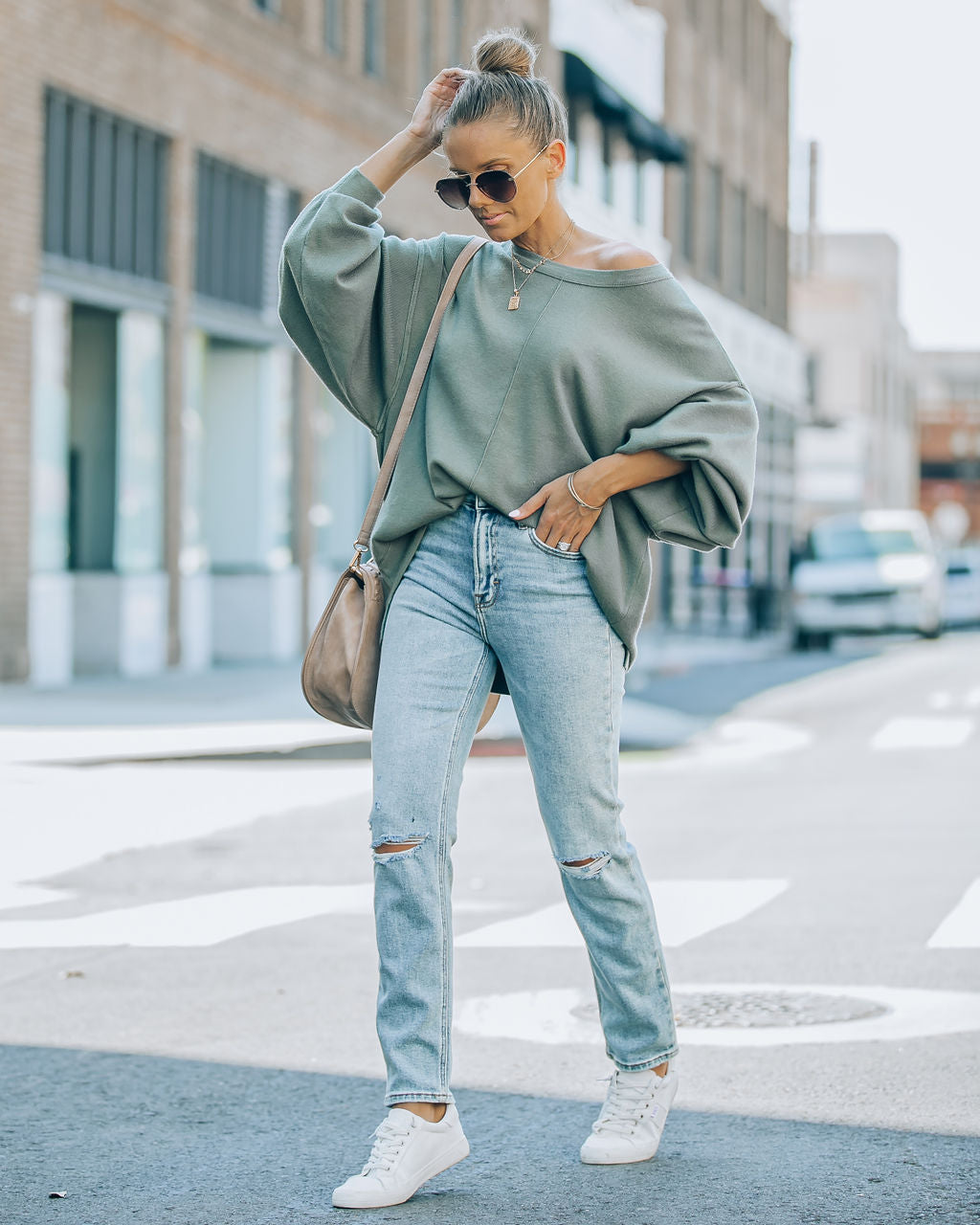 Running Errands Knit Oversized Pullover Sweater - Olive - SALE