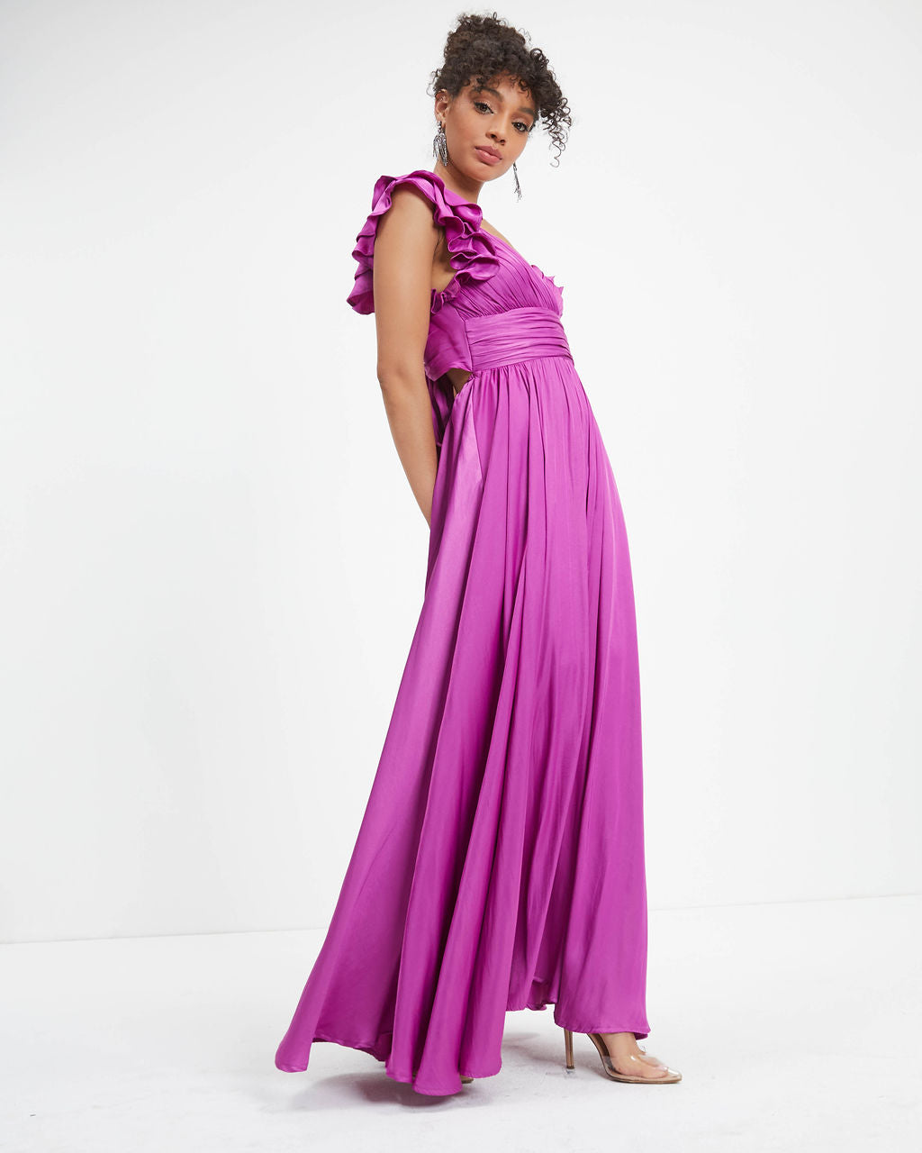 First Class Satin Ruffle Cutout Maxi Dress - Orchid - FINAL SALE
