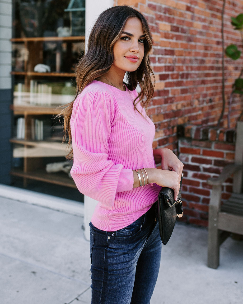 Bubble Over Ribbed Knit Sweater - Pink