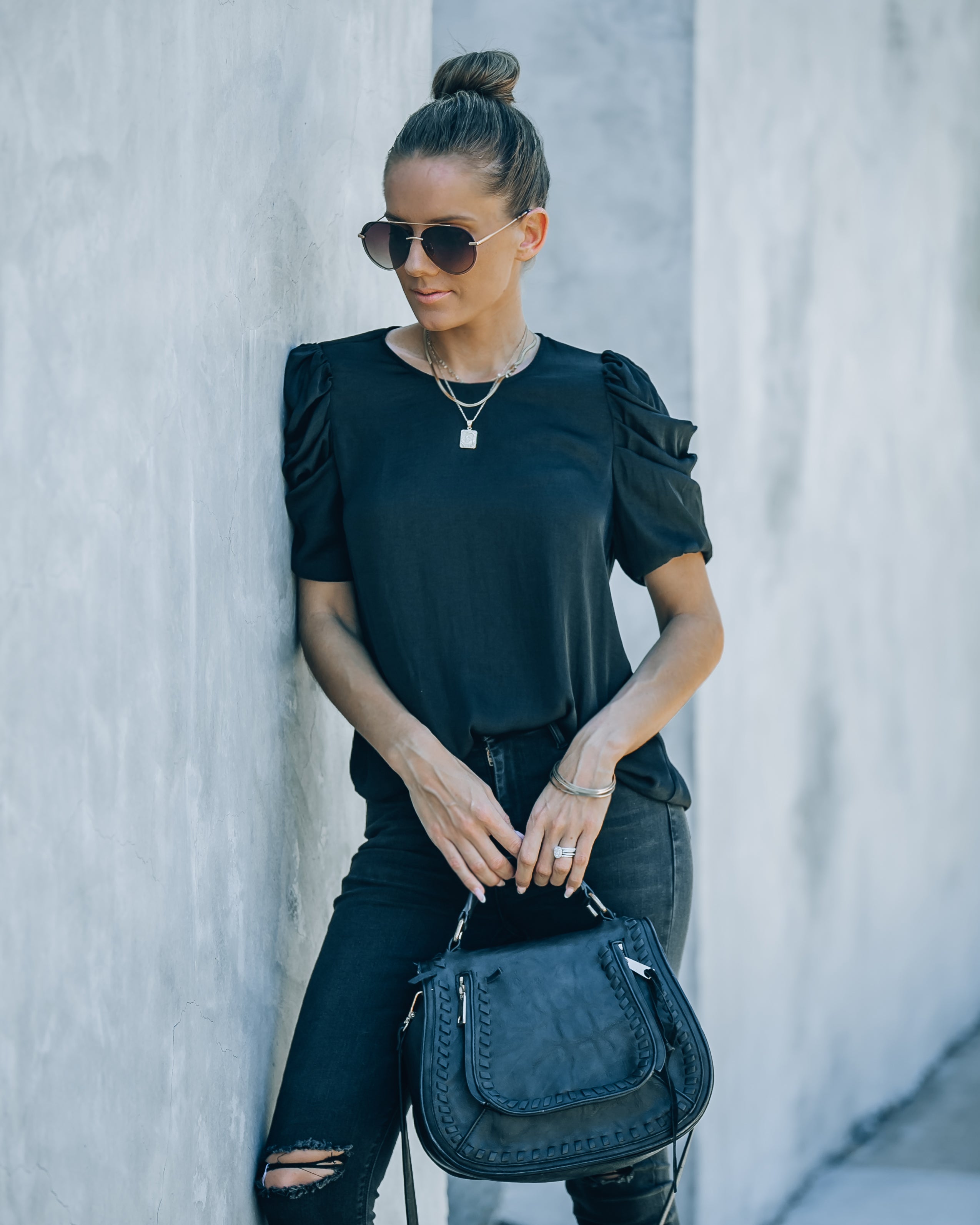 Princeton Drape Shoulder Top - Black - SALE