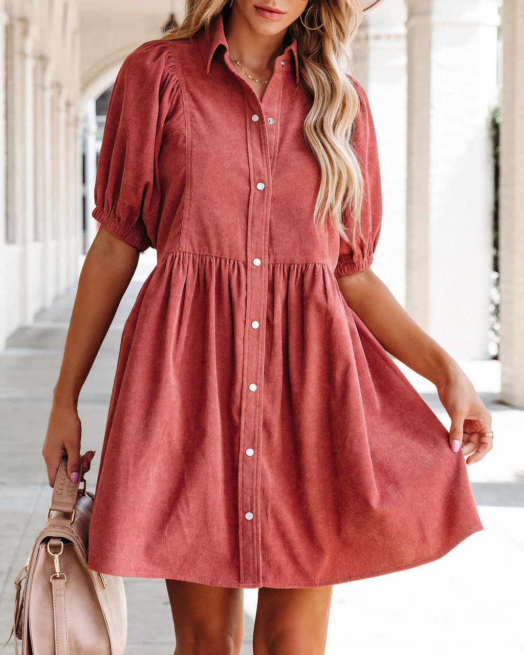 Owen Corduroy Puff Sleeve Babydoll Dress - Clay