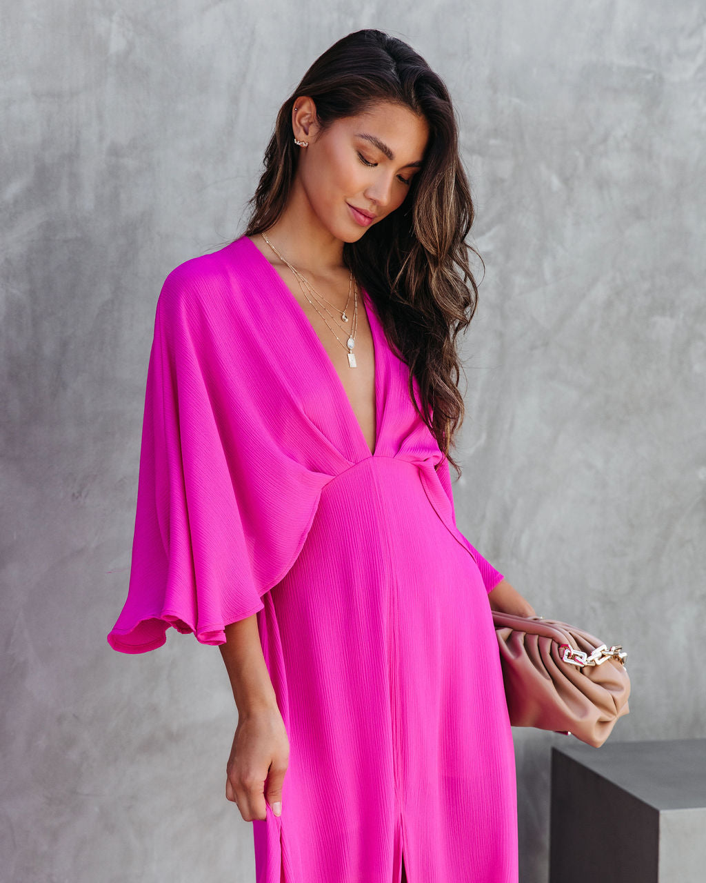 Beauty Meets Elegance Cape Sleeve Maxi Dress - Hot Pink