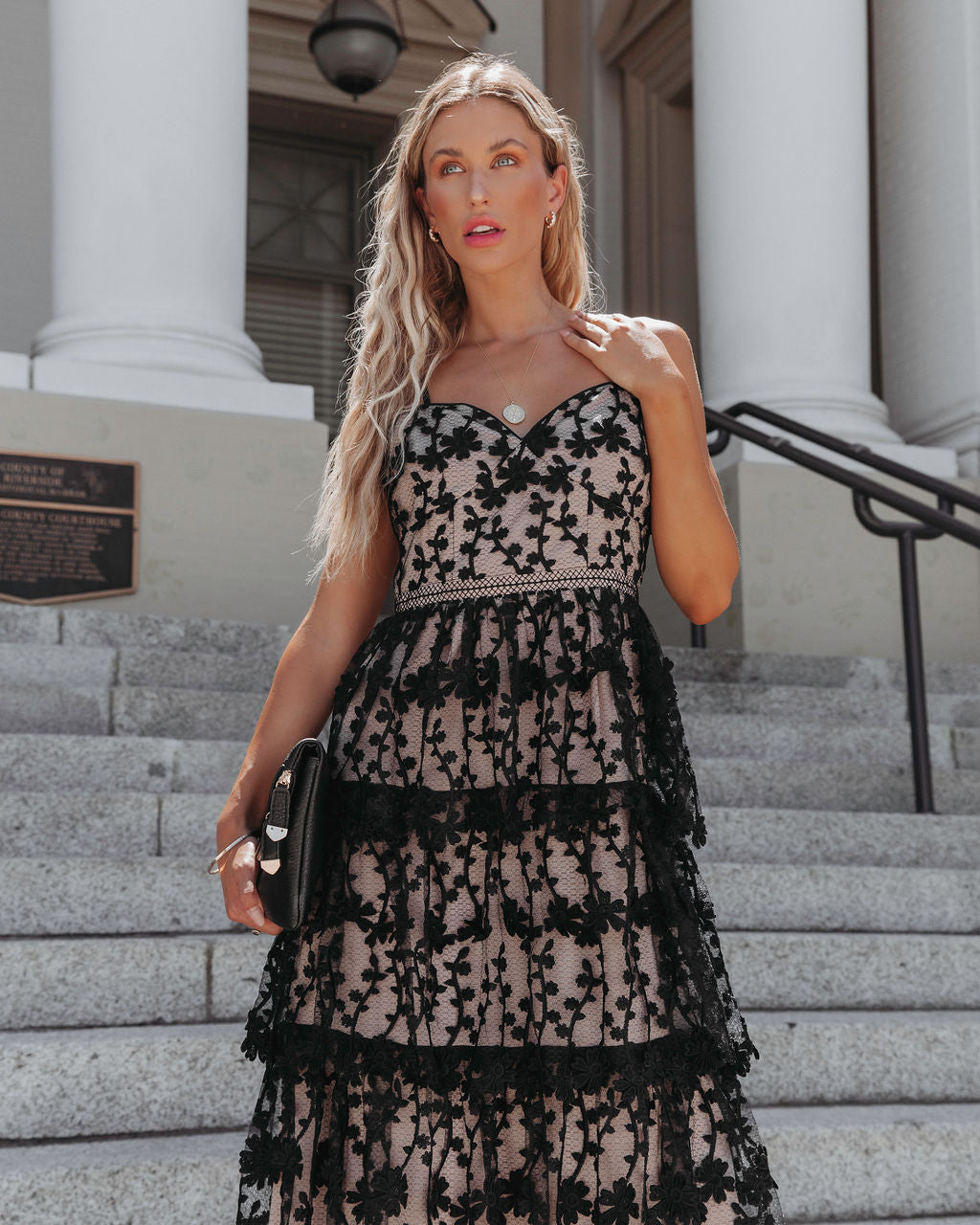 Pascal Tiered Crochet Lace Midi Dress - Black