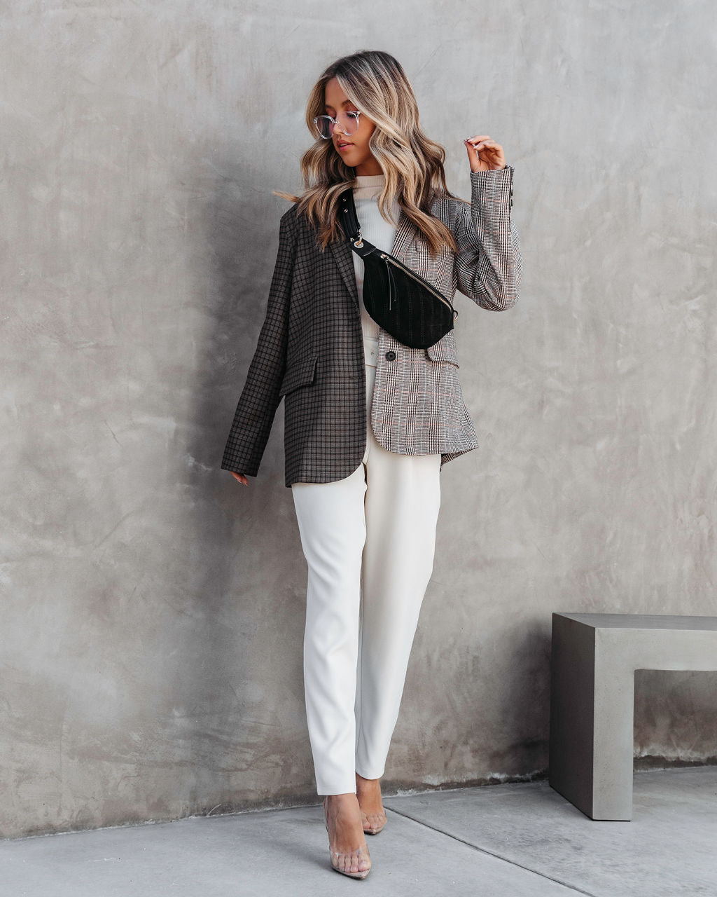 Gemini Mixed Plaid Pocketed Blazer - Brown